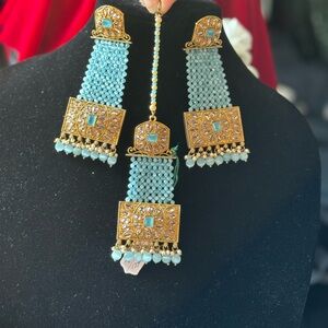 Elegant Gold and Blue earrings and tikka Set